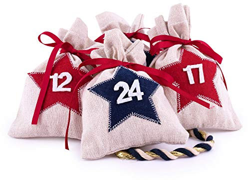 Adventskalender zum Befüllen Star 24 Stoffbeutel Geschenksäckchen Weihnachten mit Zahlen, Weihnachtskalender DIY von pajoma