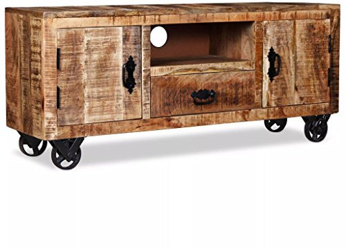 mewmewcat Meuble TV en Bois de Manguier Brut Design Rétro pour Salon 120 x 30 x 50 cm