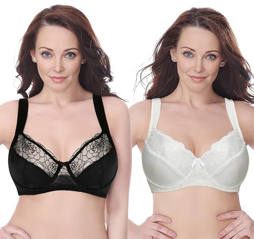 Curve Muse Reggiseno con Ferretto Minimizer da Donna Taglie Forti con Ricamo in Pizzo-Confezione da 2-Nero,Burro di Latte-4E