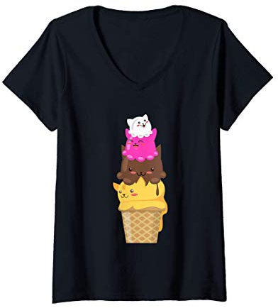 Donna Gelato Gatti Gatti Dessert Kitty Scoops Kitty Scoops Carino Maglietta con Collo a V