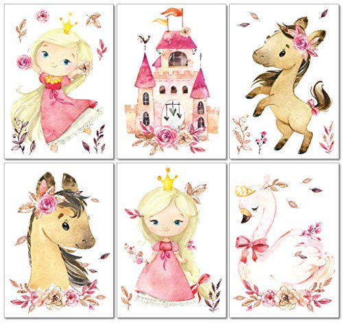 LALELU-Prints Bilder Kinderzimmer Poster Babyzimmer Deko Mädchen Jungen Kinderbilder Set Kinderzimmerbilder (Prinzessin 6er Set)