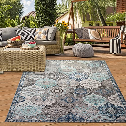 Teppich-Traum In- & Outdoor Orientteppich Ornamente Grau Blau 240x340 cm | Pflegeleicht, schmutzabweisend, farbecht und allergikergeeignet, für Terrasse, Balkon, Garten, Pavillon und Schlafzimmer