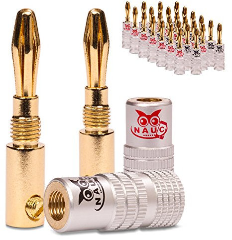 NAUC Bananenstecker für Lautsprecherkabel - 28 Stück Stecker als Set - Steckverbinder 24K vergoldet schraubbar - für HiFi Receiver Verstärker