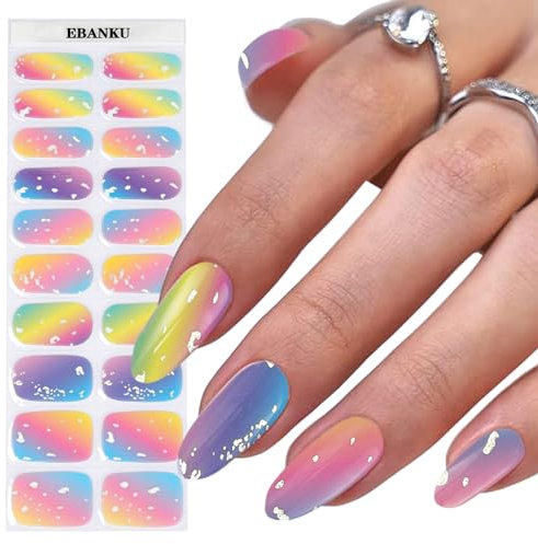 EBANKU 20PCS Semi Gel Nail Strips, Gradient Rainbow Color Stickers, Long Lasting UV Strips With Nail File & Wooden Stick for Women Manicure