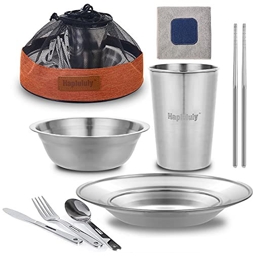 Polished Stainless Steel Dishes Set| Tableware| Dinnerware| Camping| Includes - Cups | Plates| Bowls| Cutlery| Comes in Mesh Bags (1 Person set Yellow)