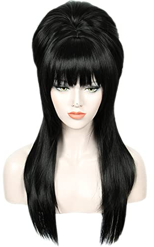 Linfairy Lange gerade schwarze Perücke Big Bouffant Beehive Perücken für Frauen passt 50er Jahre 80er Jahre Kostüm