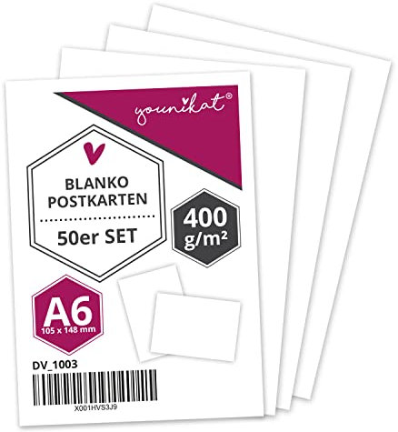 younikat Blanko Postkarten zum Selbstgestalten I DIN A6 I 50er Set 400g/qm DIY Grußkarten in weiß I zum Beschreiben Bemalen und Gestalten I dv1003