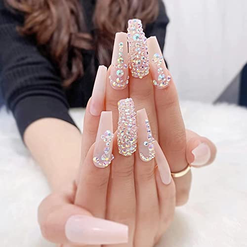 RUNRAYAY French Nude Fake Nails Tips with Diamond, Extra Long Press on False Nails with 3D Handmade Gems, Coffin Acrylic Full Cover Nails Tips for Women & Girls 24Pcs