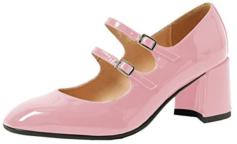 Mary Jane Escarpins à talon bas et bout rond en cuir verni avec double sangle, rose, 37 EU