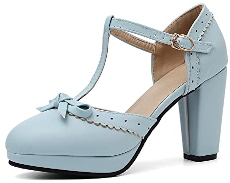LIPIJIXI Mode Femmes T-Strap Talons Hauts Bow Pumps Bout Rond Pumps