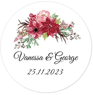 50 PERSONALISIERT Hochzeit Aufkleber mit Namen und Datum, Blumen 40mm Gastgeschenke Aufkleber für Hochzeit, Verlobung,Taufe, Geburtstag, Kommunion, Party, Weihnachten - Rd 034 (008)