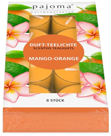 pajoma® Teelichte 8 Stück, Mango-Orange | Duft-Teelichte in Polycarbonathülle, Brenndauer ca. 4 Stunden - Höhe 1,5 cm ø 3,5 cm | Premium Qualität | Deko, Gastronomie, Outdoor, Windgläser, Hochzeit