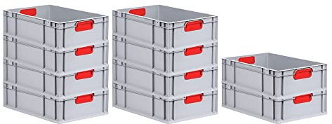 PROREGAL SuperSparSet 10x Eurobox NextGen Color | HxBxT 17x40x60cm | 34 Liter | Griffe rot geschlossen | Glatter Boden | Eurobehälter, Transportbox, Transportbehälter, Stapelbehälter