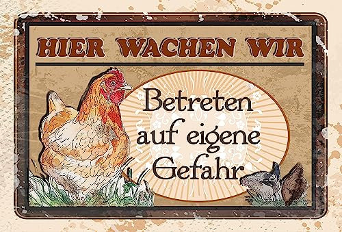 LUCKYLINDE - Wetterfestes 30 x 20 cm Blechschild – Hühner Schild – Hühnerstall Deko Schild, Huhn, Henne, Hahn, Bauernhof Schild (Hier wachen wir!)