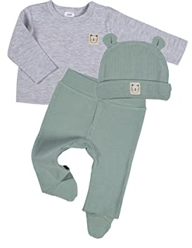 Clinotest Babystrampler Set – 3tlg Babykleidung für Mädchen & Jungen (0-6 Monate) – Mütze, Shirt, Hose – Weiche Baumwolle, elastischer Bund, atmungsaktiv – Perfekt für Neugeborene & Kleinkinder