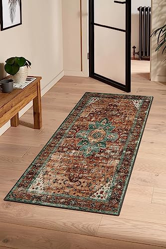 KIMODE Waschbarer Teppich Schlafzimmer Küchenteppich - 60x130cm Vintage Läufer Flur Teppiche,Weich Boho Kurzflor Badvorleger rutschfest Küchenläufer Carpet Für Küche Badezimmer Waschküche Eingang