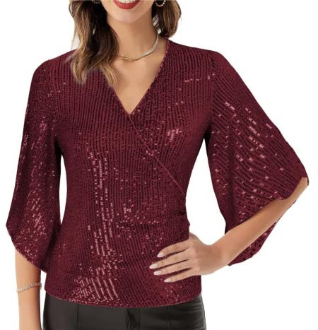 Damen Pailletten Bluse Langarm Rundhals Loose Fit Casual Elegant Sexy Tops Für Festliche Sommer 2151 Rot Pailletten M