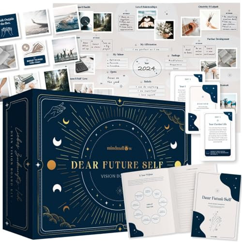 Mindmellow Vision Board Kit Dear Future Self – Vision Board Supplies mit Wandposter, Bildern, Arbeitsbuch, inspirierenden Karten – Vision Board Book