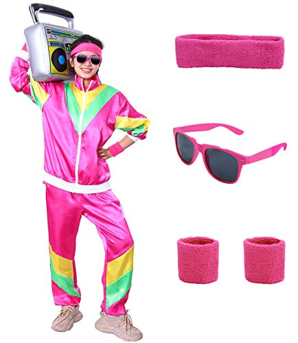 Alaiyaky 80er 90er Jahre Outfit Herren Damen, 80er Trainingsanzug mit Jacke Hose Schweißbänder Sonnenbrille, 90er 80er Jahre Kleidung Bad Taste Outfit für Karneval Halloween Paare (Rot, L)