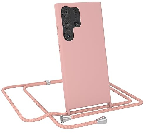 EAZY CASE - Schutzhülle mit Handykette - kompatibel mit Samsung Galaxy S23 Ultra Kameraschutz und Bildschirmschutz, TPU Silikon Bumper, in Kombi Alt Rosa mit Handyband Alt Rosa Clips Silber