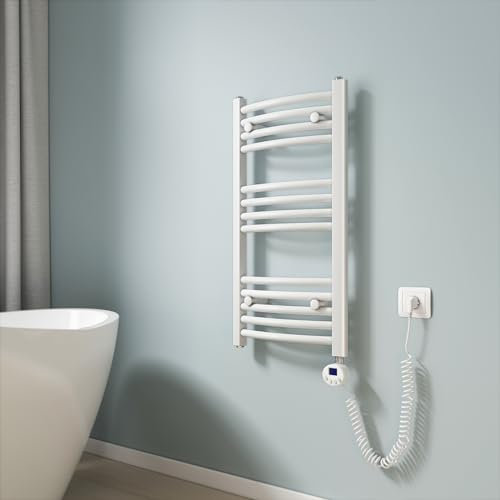 EMKE Scaldasalviette elettrico bagno,Curvo,75 x 40cm, 250W,Scaldasalviette con Termostato,Bianco,Radiatore da Bagno,Termoarredo Asciugamani da Bagno