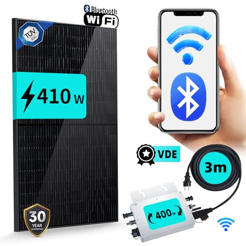 Panneau Solaire 400W Plug and Play, Panneau Solaire 400W Kit Complet,Kit Solaire Autoconsommation,Panneau Solaire 410W X1, Onduleur 410W X1, Câble de 3M X1, Surveillance WIFI.