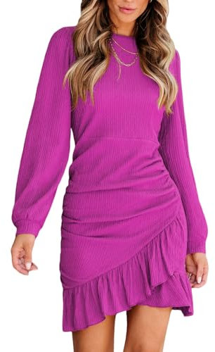 CUPSHE Women's Mini Dress Round Neck Ruffled Hem Ruched Long Sleeve Fitted Ribbed Knit Casual Dress Rose Pink L