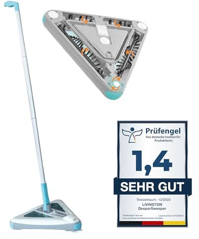Livington Deeper Sweeper - Limpiador de Suelo inalámbrico con 4 cepillos giratorios - Diseño triángulo - Escoba eléctrica con luz LED - Escoba inalámbrica sin Bolsa - Cabezal Giratorio Flexible -