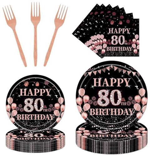Rakuto 80th Birthday Party Plates - 96PCS 80th Birthday Party Decorations Supplies Rose Gold 80th Party Tableware Plates Napkins Forks Cheers to 80th Birthday Party Decor Supplies Women (24 Guests)