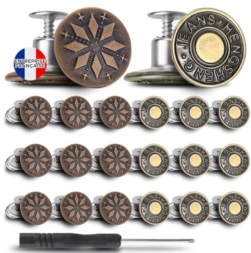 20 Pièces Bouton Jean Clipsable - Boutons Jean Amovible & Ajustable Pantalon - 2 Styles Proposés - 17 mm en Métal - Facile à Installer