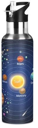 Borraccia termica per bambini con sistema solare, pianeti e stelle, in acciaio inox, con coperchio con cannuccia, galassia e spazio, a prova di perdite, per bici, corsa, passeggiate all'aperto, 590 ml