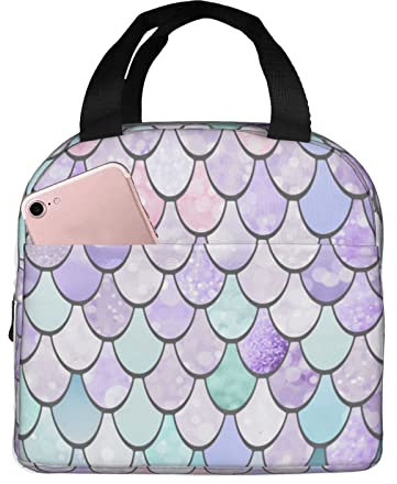 JYQCNSMJYB2 Lonchera aislada con estampado rosa y morado de sirena, ligera, portátil, mantiene la comida caliente/fría durante horas