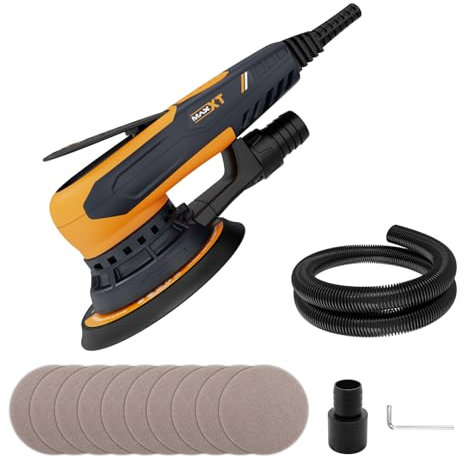 Levigatrice orbitale senza spazzole da 2,5 mm MAXXT da 350W, Levigatrice elettrica 150mm 4000-10000RPM-(6 velocità regolabili) Freno automatico-2s, connessione a tre nuclei e 10 fogli di carta vetrata
