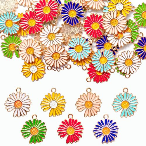 RYXZEN 42 Pièces Breloques Fleurs Marguerite Charm Pendentifs Coloré Floral Charmes Dangle Plaqué Or Émail Charme pour Collier Boucle D'Oreille Bracelet Bijoux Fournitures Artisanales (7 Couleurs)