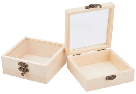 DICOSMETIC 2 Stück Glasdeckel Holzbox Kleine Holzbox Mit Transparentem Deckel Unbehandelte Holz-Geschenkbox Mit Metallverschluss Zur Aufbewahrung 4.72x4.72x1.97 inch