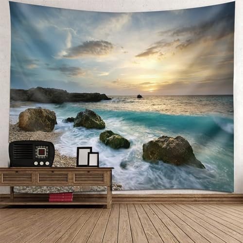 KnSam Tapisserie Wandbehang, Meer Felsen Strand 150x130cm Tapisserie Grün Weiß in Polyester, Landschaft Natur Wandteppich Wand Deokration für Schlafzimmer Wohnzimmer Kinderzimmer