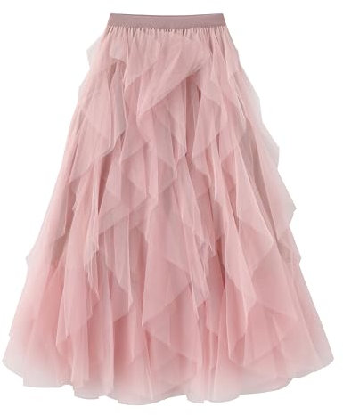 Kimily-UK Femmes Tulle Jupe Stretch Bandoulière Longue Multicouche Plissée Maille Moelleuse A-Ligne Princesse Élégante Vintage Party Maxi