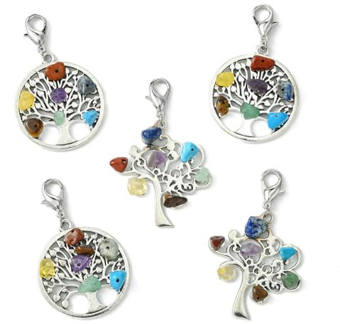 Stiesy 10 ciondoli tibetani a forma di albero della vita, in 2 stili, con chakra colorati, perline naturali con chiusura a moschettone, per la creazione di gioielli fai da te e decorazioni artigianali