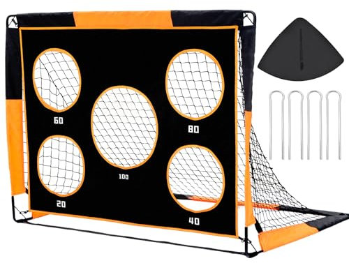 Gofady Fußballtor für Kinder, 2-in-1-Fußballnetz zum Aufklappen mit 5 Zielen, 4 U-förmigen Stahlpfählen und Tragetasche, Fußballtrainingsgerät für drinnen und draußen (Orange, 150 * 120cm)