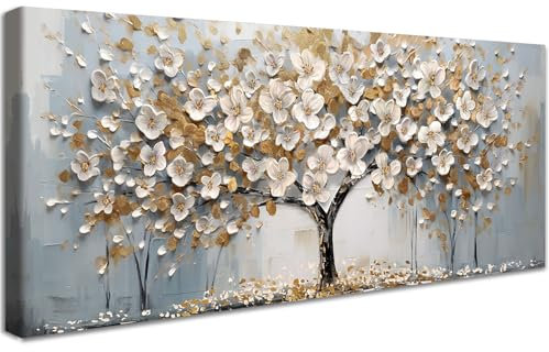 Mit Rahmen Leinwand Bilder Weiße Blumen Baum Bild auf Leinwand Malerei Poster Kunstdrucke Abstrakt Floral Baum des Lebens Bild Wandbilder Heim Restaurant Wohnzimmer Schlafzimmer Wanddeko 50x120cm