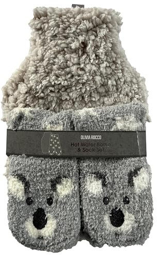 Olivia Rocco Hot Water Bottle & Socks Set Animal Design with Cover 1L Natural Rubber Thermotherapy Long Lasting Warm Winter Gift, Koala
