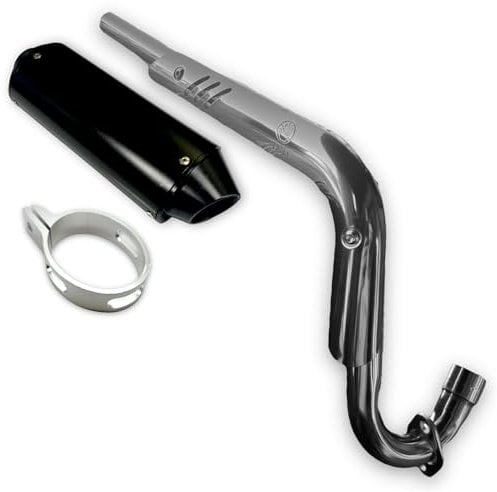 Red Circles Black CRF70 Pit Bike Exhaust System – Fits CRF70 Sized Frames, Features Oval CNC Silencer & BIG BORE 38mm Exhaust for Enhanced Performance – Alloy Clamp Included for Easy Installation