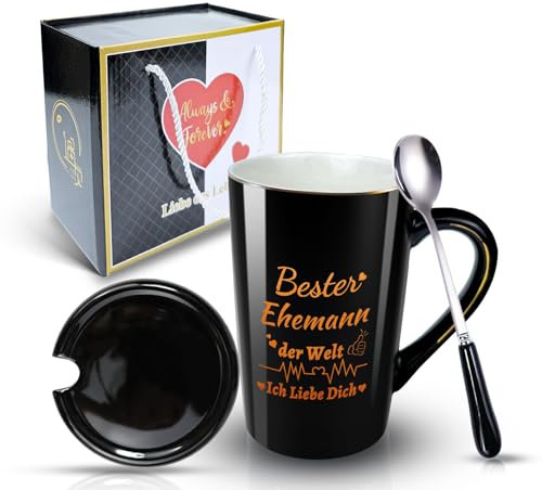 DIKARYA Hochzeitstag Geschenke für Männer, Schwarz Kaffeetasse für Bester Ehemann der Welt, Ich Liebe Dich Geschenke für Männer, Kaffeebecher Teetasse für Ehemann Jahrestag geschenk für Ihn Mann