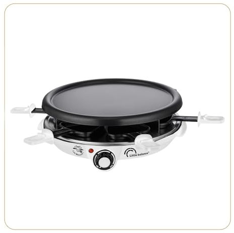 LITTLE BALANCE 8748 Cheese & Crêpes Meuuuh...!, Raclette Grill Crêpière, 3 en 1, 6 spatules bois, Sans PFAS, 6 personnes, 1200 W, Blanc