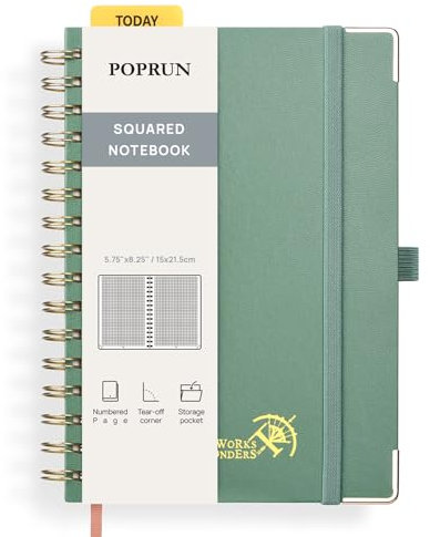 POPRUN Notizbuch A5 Kariert, Block Kariert Journal, Spiral-Notizbücher 120 GSM Papier, 141 nummerierte Seiten, Hardcover mit Kleberegisterkarten und 8 Abreißblättern - MGN(Mitternachtsgrün)