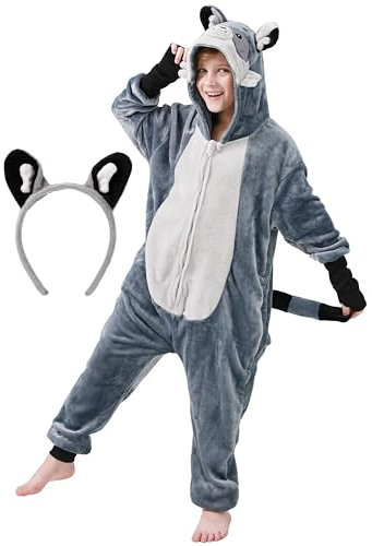 corimori Flauschiges Waschbär-Kostüm für Kinder mit Haarreif | Karneval Fasching Kostüm Onesie für Mädchen, Jungen | Körpergröße 130-150cm