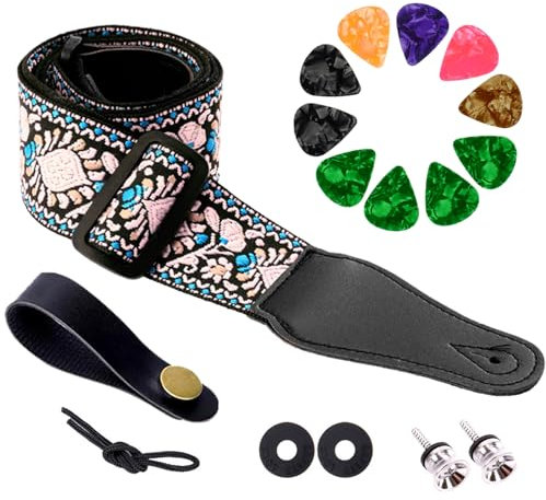 Plektren Plektrum, Gitarrengurt, Gitarren Plektren Baumwollgitarrengurte Vintage bestickt Gitarrengurte mit echtem Leder Enden Gurtschlössern Gitarrenplektren für Bass, Akustik, E-Gitarre (Set B)