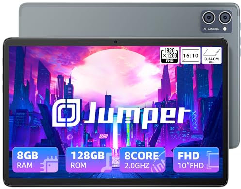 jumper 10.1 inch Android Tablet,128GB ROM+8GB RAM, MT8183 Octa-Core Processor, 6000mAh Battery, FHD 1920x1200 Pixel, 5MP+13MP Camera, Bluetooth 5.0, 2.4G&5GWIFI