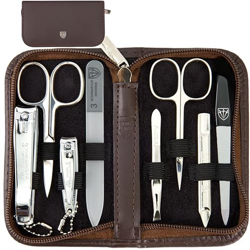 3 Swords Germany - brand quality 8 piece manicure pedicure grooming kit set with brown genuine leather case - Made by 3 Swords