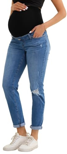 Leovqn Women's Maternity Jeans Comfy Stretch Boyfriend Jean Over Belly Ripped Denim Pregnancy Pants,Blue,M